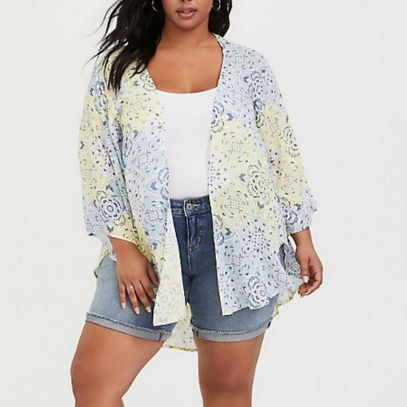 torrid Tops - Torrid Medallion Shirttail Kimono Blue Yellow Pink